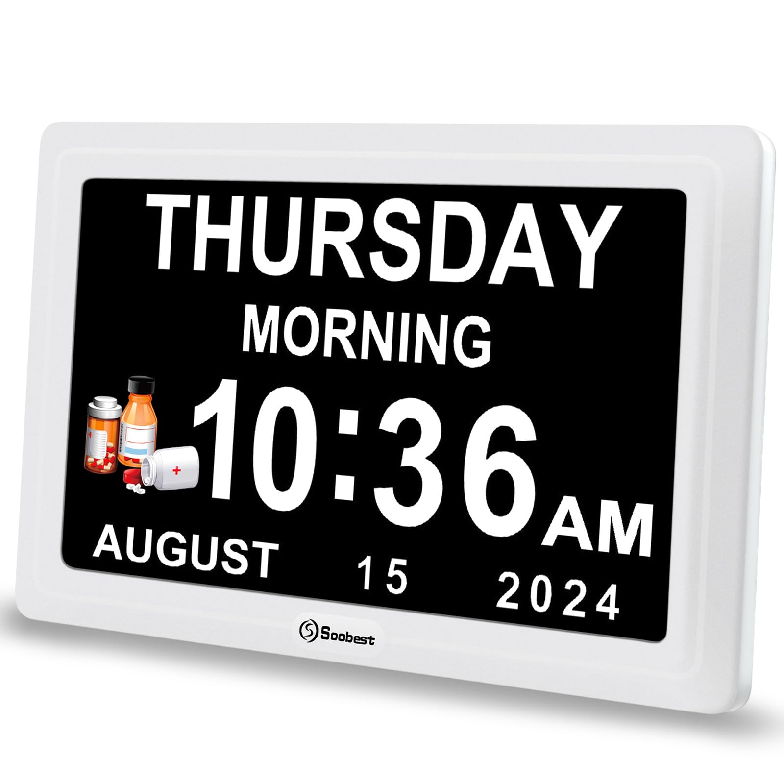 Soobest Dementia Digital Clock for Seniors Elderly, 20 Alarm Reminders 3 Ringtones for Memory Loss Alzheimers, Electric Time Date Day Large Display Calendar Clock, Auto DST, 1024 * 600P HD