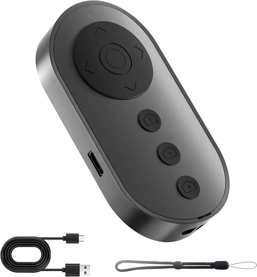 Obturador remoto de câmera Bluetooth com zoom e interruptor de câmera frontal/traseira para foto e vlog, clique remoto para smartphone iOS e Android, rolagem de vídeo sem fio para Tiktok