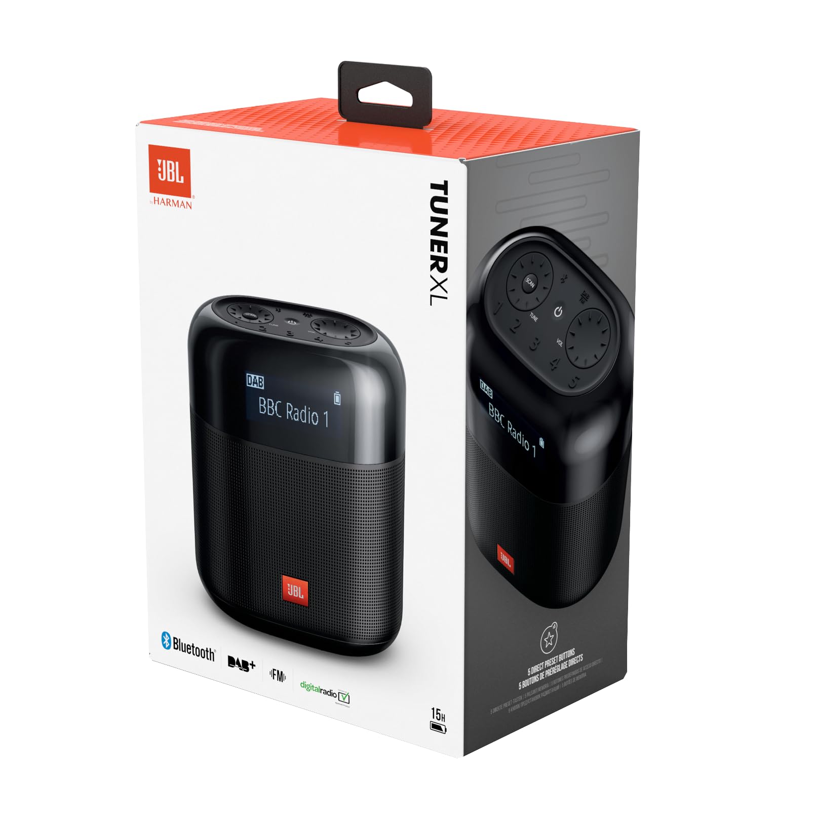 JBL Tuner XL Tragbares DAB/DAB+/FM‑Radio mit JBL Pro Sound, Bluetooth 4.2, IPX7‑Wasserschutz, 15‑Std. Akku, Großem hintergrundbeleuchtetem LCD‑Display und 5 Senderpresets, Schwarz