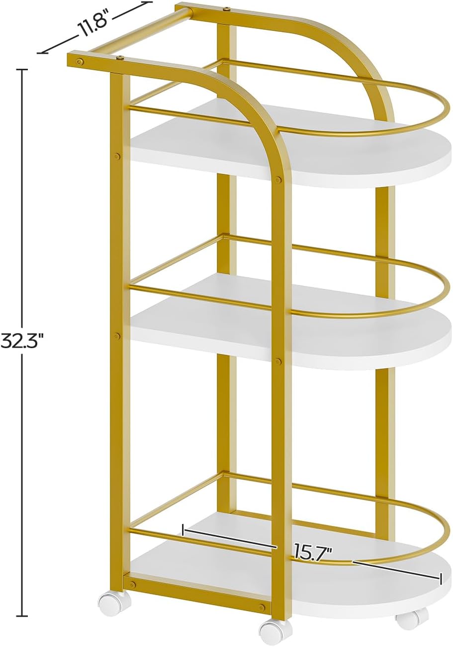 3-Tier Bar Cart, Home Bar Serving Cart with Fence and Wheels, for Dining Room, Living Room, Garden, Party, White and Gold BC06DW