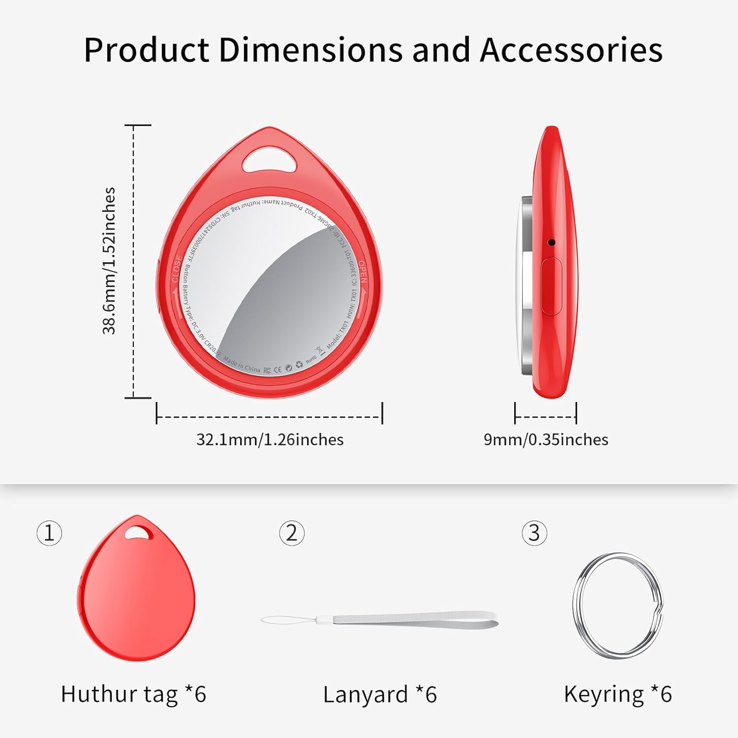Image showing the QCOQ Tracker Tag dimensions and included accessories: 6 tags, 6 lanyards, and 6 key rings.