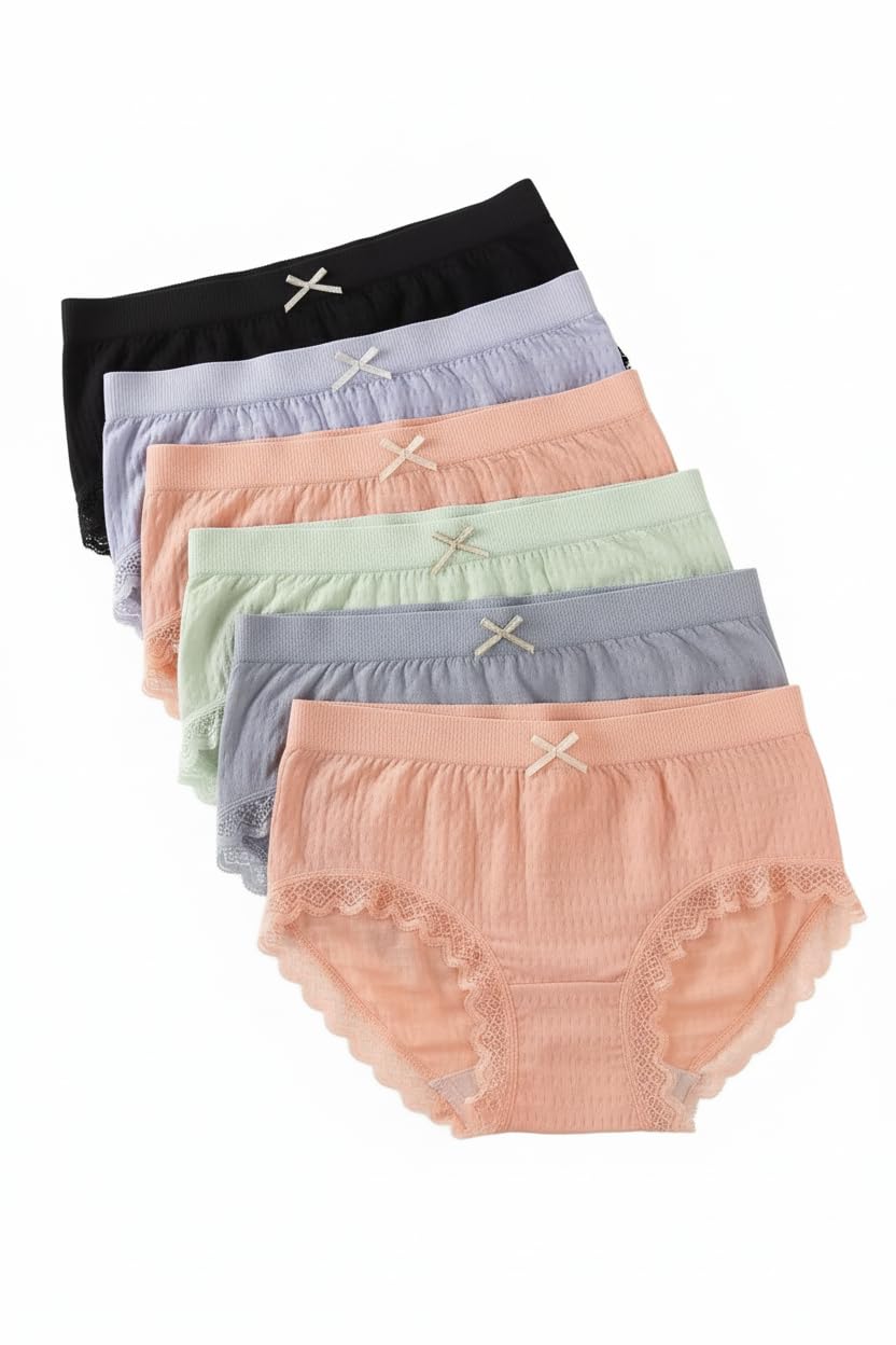 fashionez Women’s Cotton Ribbed Mid-Waist Panty Set with Soft Lace Edge & Bow Design | Breathable Stretch Everyday Underwear for All-Day Comfort | Multicolor Briefs for Women-picture-27