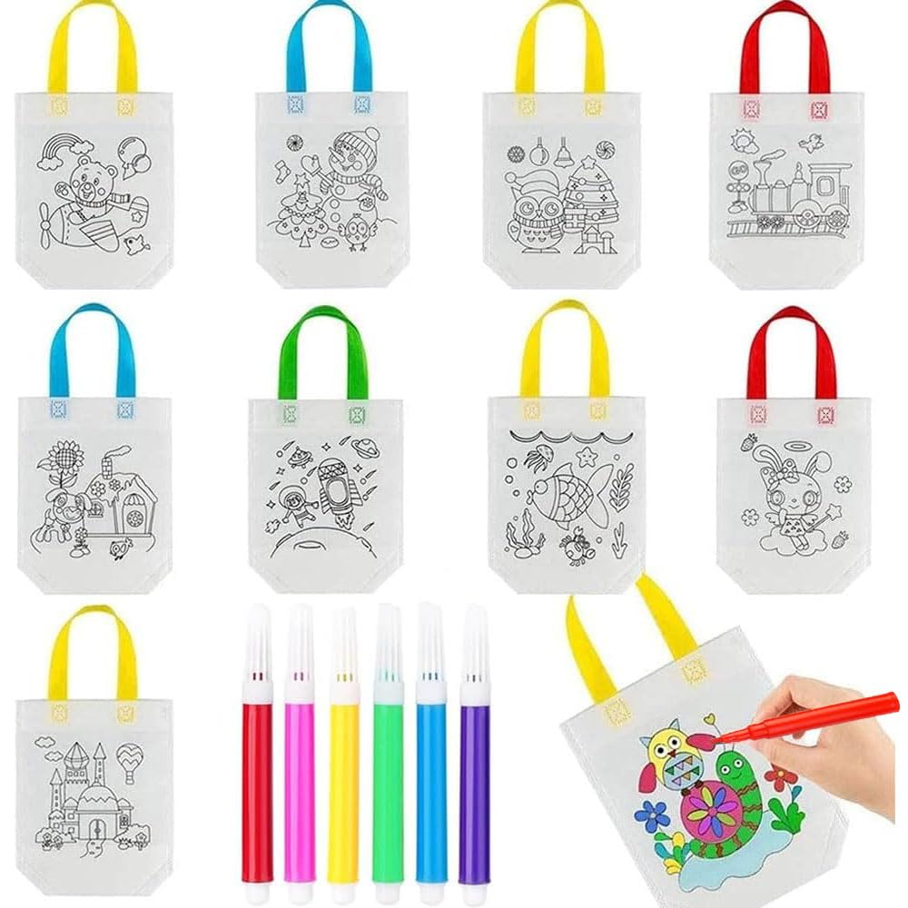 Goodern 20 PCS Kids Non-Woven DIY Graffiti Bag,Children's Party Fabric Tote Painting Bags with 12 Colour Pens Reusable Eco Crafts Tote Bag Self Paint Color Filling Cartoon Bags for Daily Picnic School