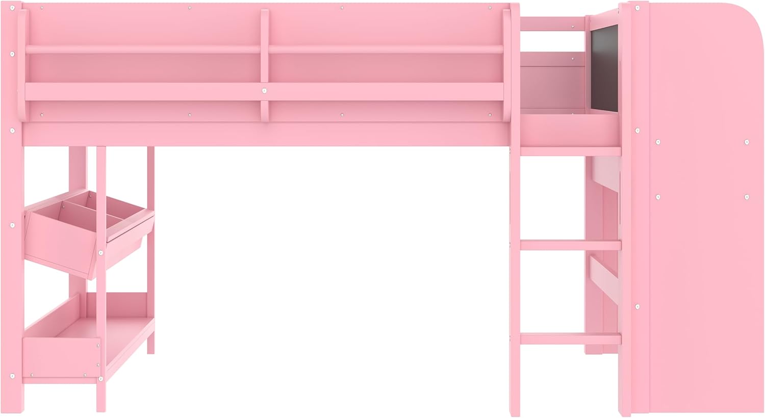 Bellemave Full Loft Bed with Storage Boxes and Bookshelves, Solid Wood Kids Loft Bed with Desk and Blackboard, Low Loft Beds Frame for Kids, Girls, Boys, Childlike Design, Pink