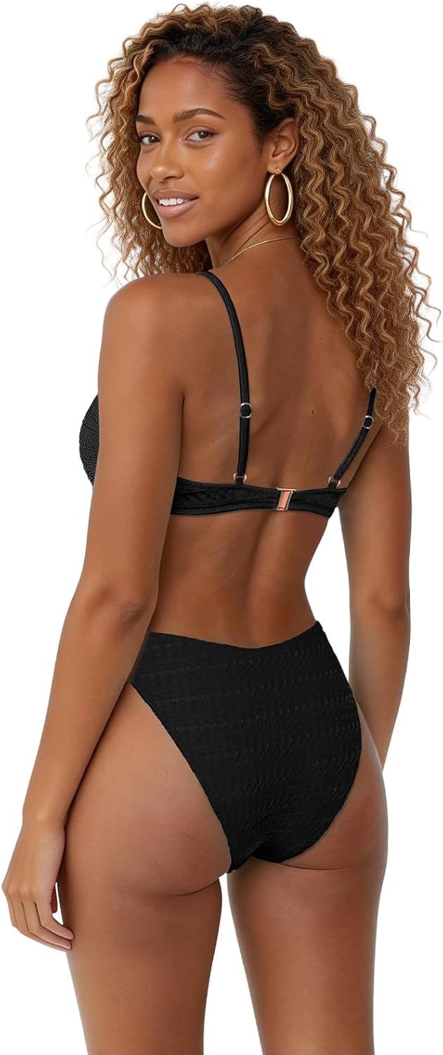 MIKETAI Women's Bikini Sets Sexy Cheeky Swimsuit Textured High Cut Spaghetti Straps Two Piece Bathing Suit