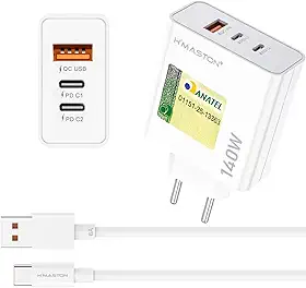 Carregador Turbo 140W USB C Fonte 3 Portas USB A+C+C Carregador Celulares de Parede Universal com Cabo Tipo-C 6A Carregamento Rápido Compatível com iPhone Samsung Xiaomi Redmi