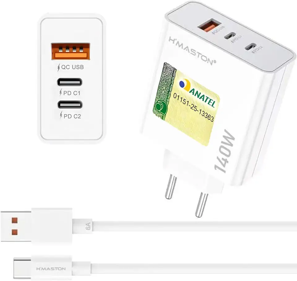Carregador Turbo 140W USB C Fonte 3 Portas USB A+C+C Carregador Celulares de Parede Universal com Cabo Tipo-C 6A Carregamento Rápido Compatível com iPhone Samsung Xiaomi Redmi