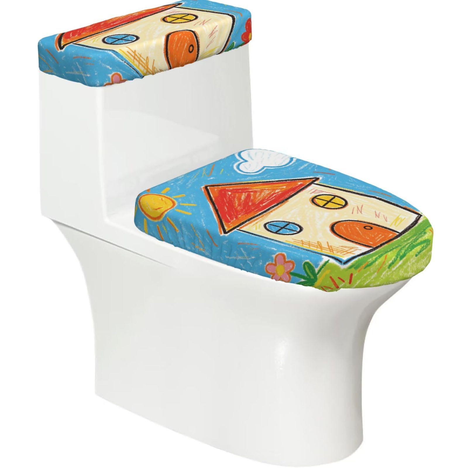 Cntdbu Black Crayon House Elastic Toilet Cover Set Of 2-Stretchy Lid And Tank Covers For Bathroom, Soft Washable U Shape Toilet Decor