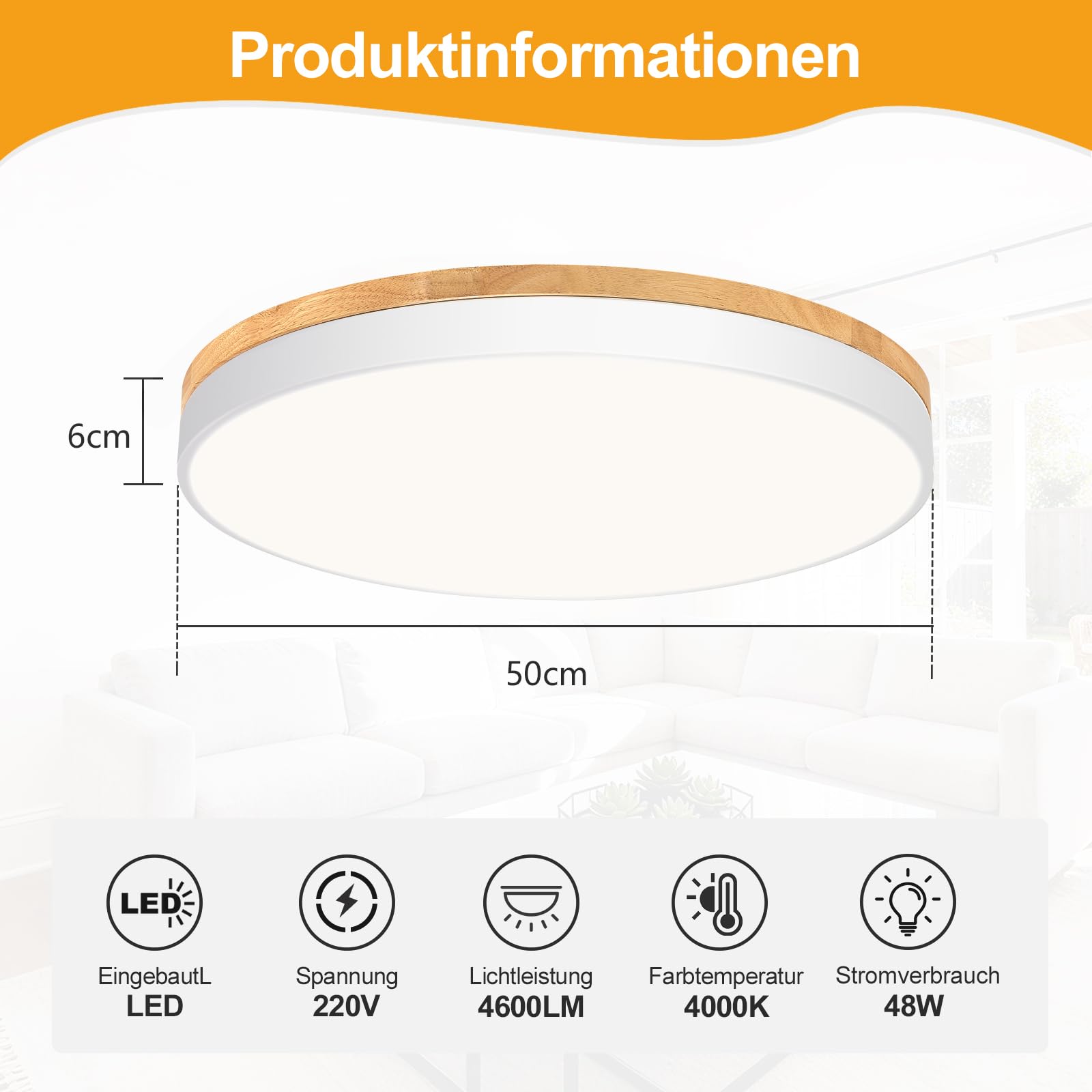 Plafon Led Techo, Plafon Techo Blanco, 4000K, 48W, Ø50 cm | Moderna Lampara Techo Madera, para Dormitorio, Sala de Estar, Comedor, Cocina, Pasillo