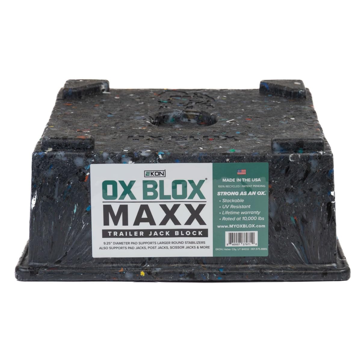 OX BLOX MAXX, RV Jack Block for 9" Round Feet | 5th Wheel Camper Blocks for Stabilizers and Tongue Jack | 9" and Smaller Jack feet nest securely Within ridges | 10.5x10.5x4.5, Block Weight: 6.8 lbs
