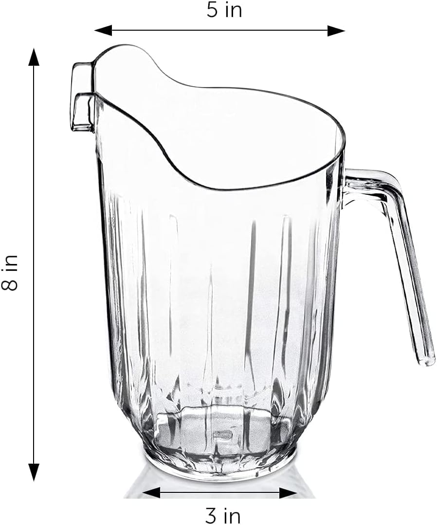 DecorRack 6 Crystal Clear Plastic Pitcher Beverage Dispenser with Pour Spout Shatterproof Catering and Restaurant Serveware for Cold Drinks, Water, Lemonade, Beer, and Sangria, 56 Ounce (6 Pack)