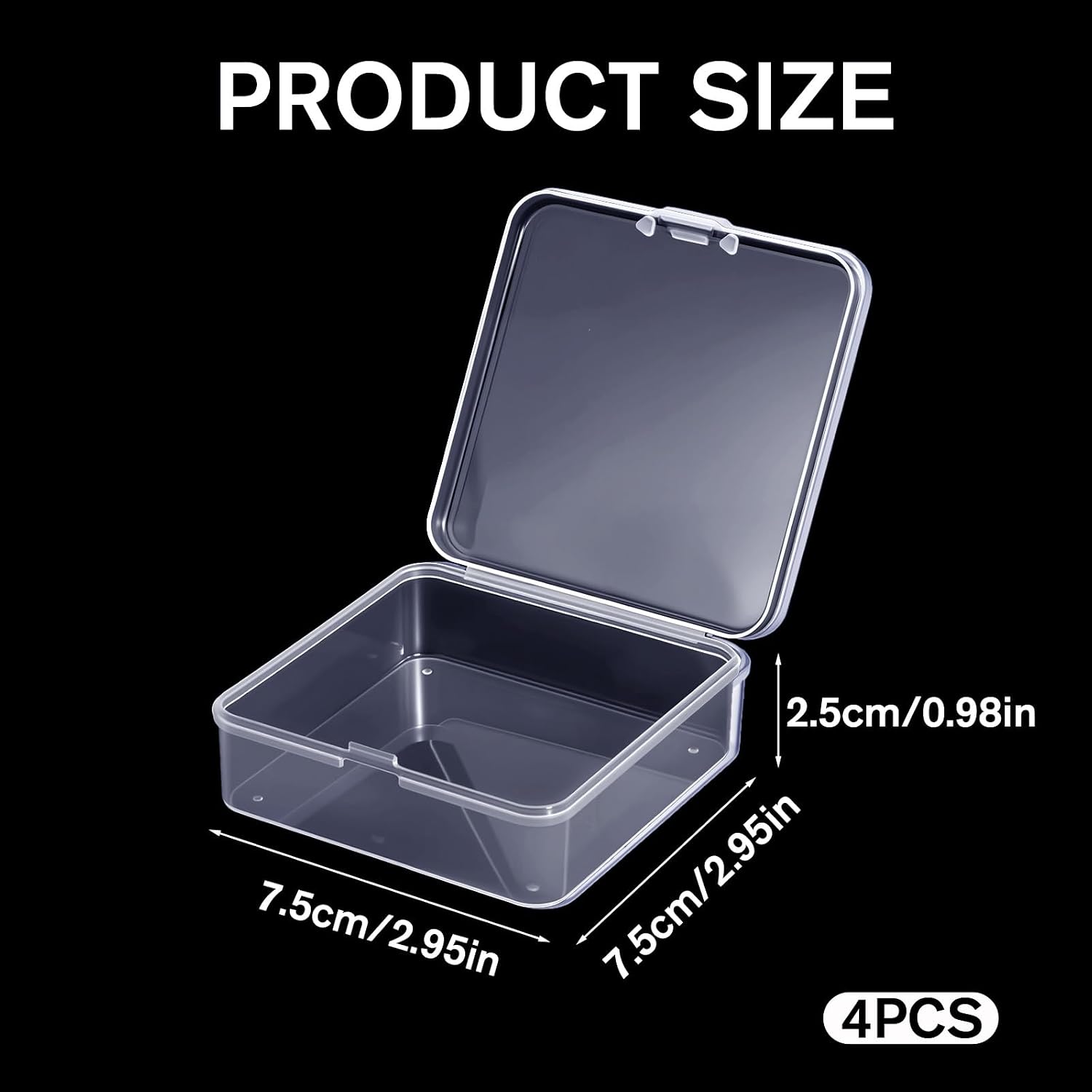Vin Beauty 4 Pcs Small Plastic Containers with Lids, Square Clear Small Plastic Box with Hinged Lid, 2.9 x 2.9 Inches Mini Storage Containers for Beads, Game Pieces, Crafts and Mini Items