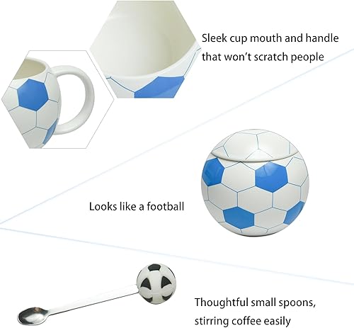 Miniatura 6 de Taza de fútbol de cerámica de 13.5 onzas, tazas de fútbol para té caliente, capuchino, moca, cacao, blanco para el día de Navidad (azul)