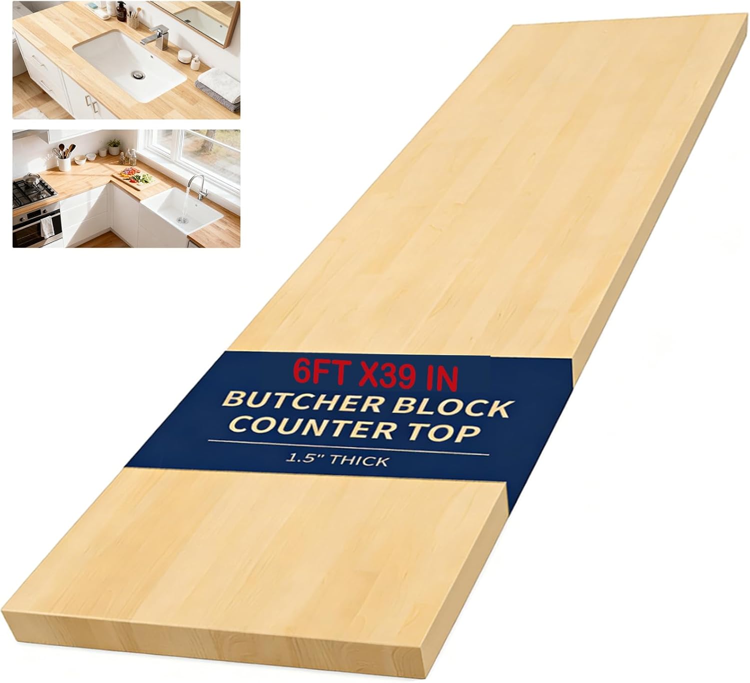 6ft x39in Butcher Block Countertop, Solid Wood Table Top - Unfinished Birch Work Bench Top Cut to Size for DIY Desktop/Washer Counter/Office Desk/Kitchen Island/Living Room Tables