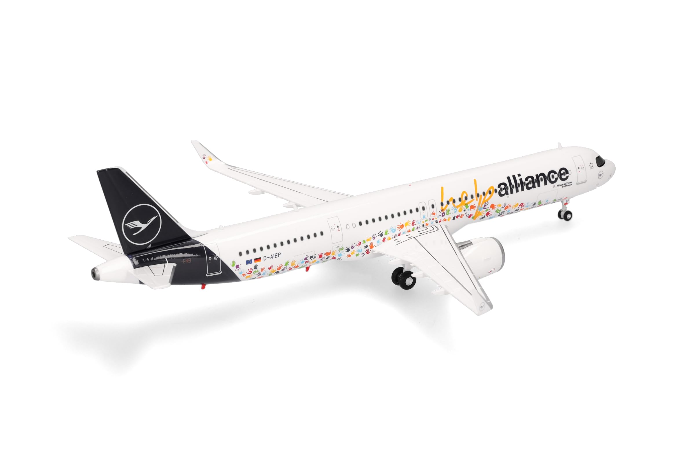 Herpa model samolotu Lufthansa Airbus A321neo „Help Alliance”, miniatura w skali 1:200, model kolekcjonerski, z podstawki, tworzywo sztuczne