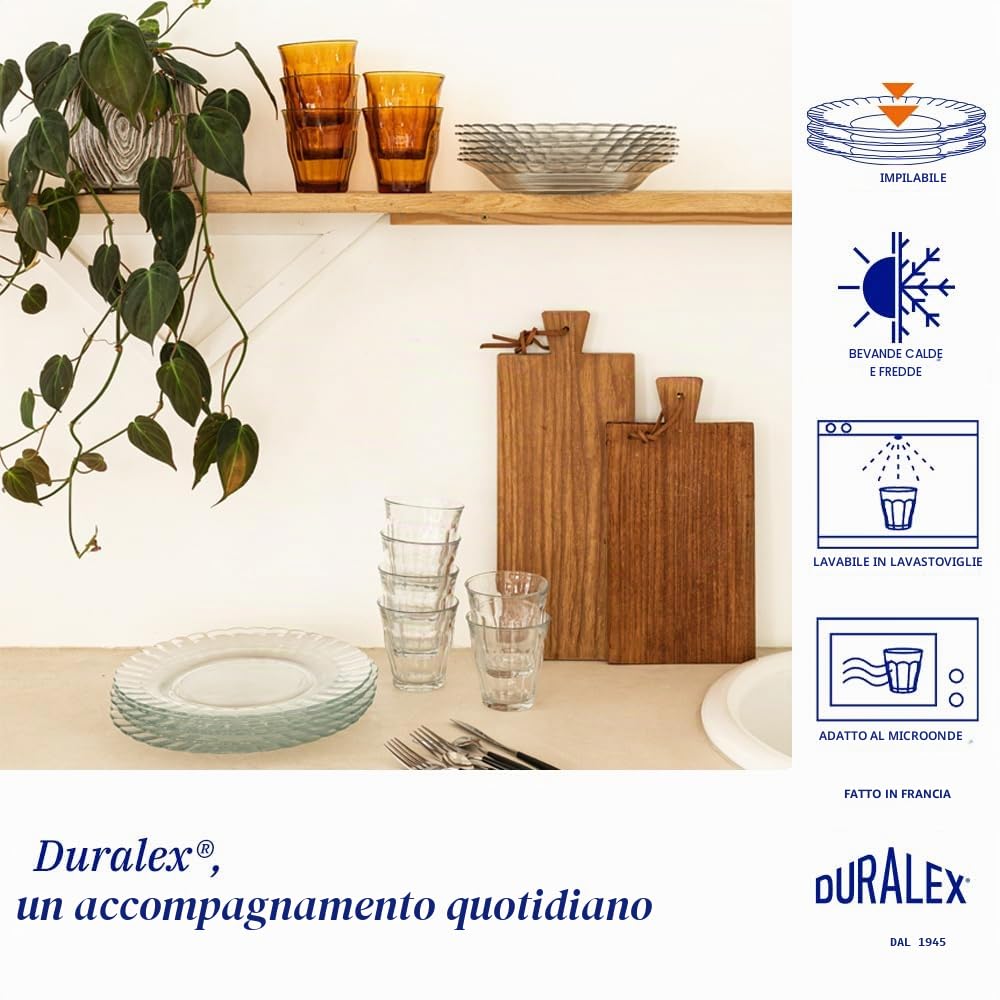 Duralex® Collection Le Picardie® - Piatto ondulato in vetro, 23 cl, zuppa da 23 cl e dessert da 20,5 cm, antigraffio, lavabile in lavastoviglie, adatto al microonde, prodotto in Francia (trasparente,