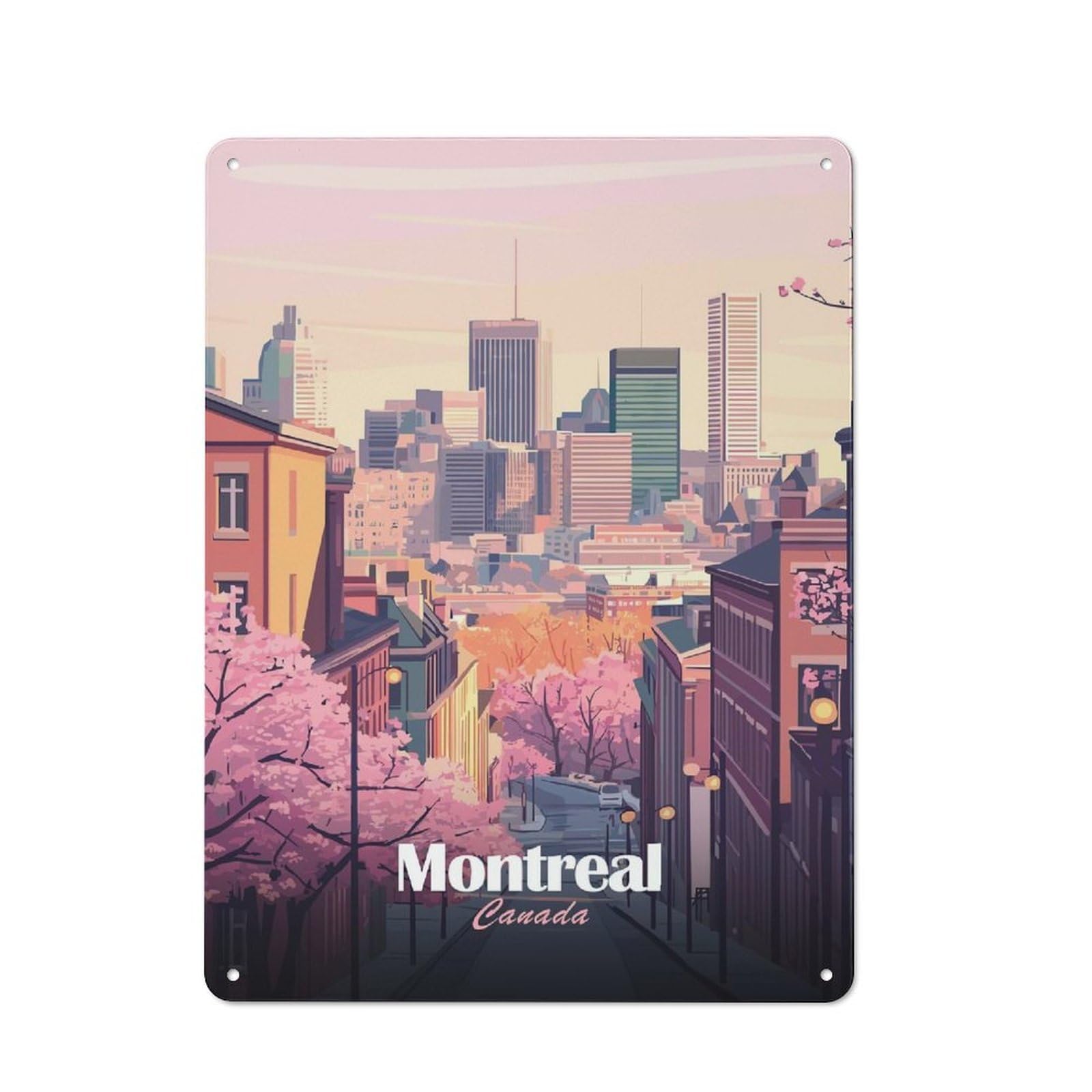 Garage Style Decorative Metal Plaque 40x30cm Featuring Montreal Canada Cityscape with Cherry Blossoms, Garage Wall Decor for Garage, Workshop, Shed Or Utility Room