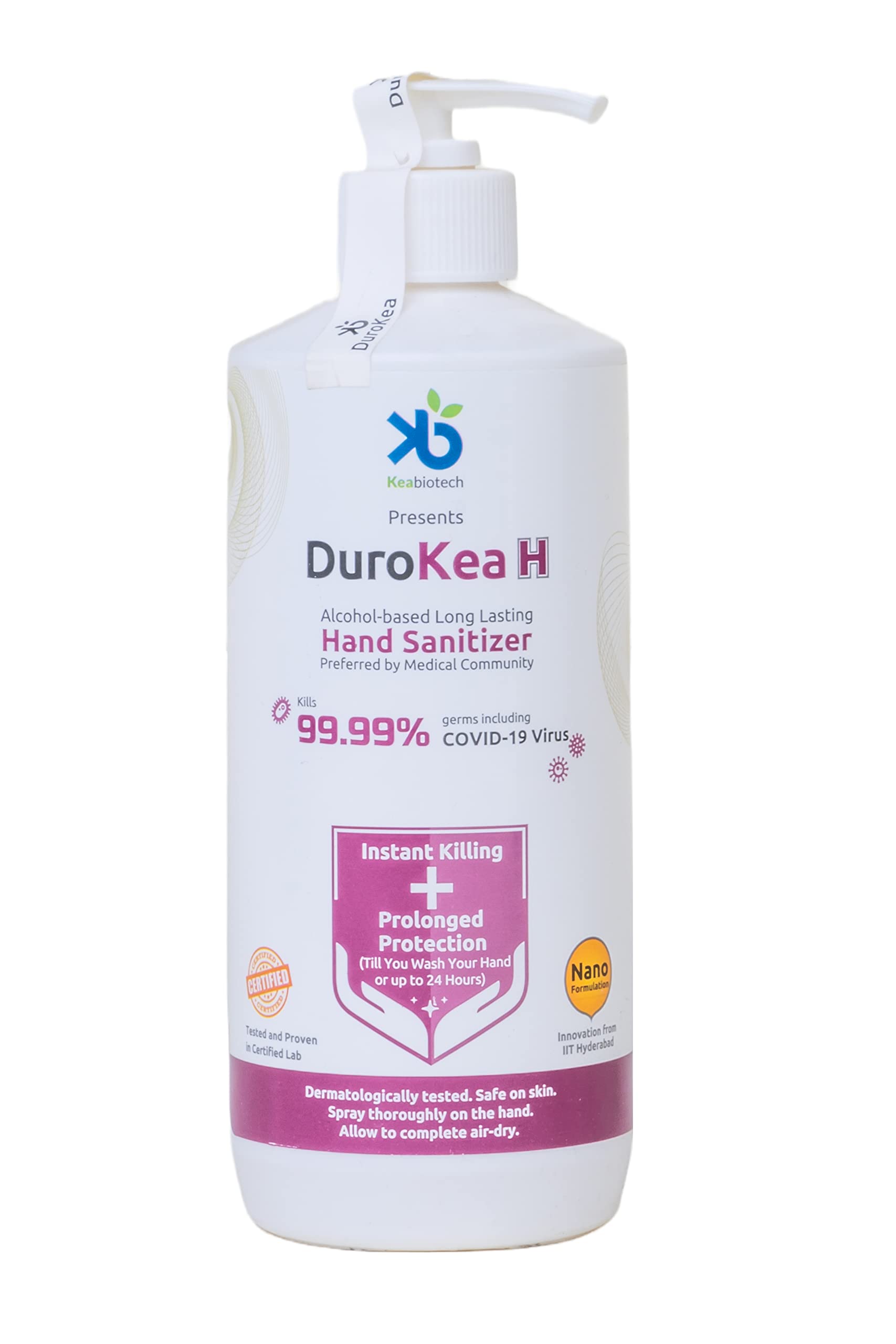 Durokea H, 24 Hour Protection Hand Sanitizer, 99.99% Germs Kills |70% alcohol-based Patented Nanotechnology | Instant Germ Free and Prolong Protection |Safe on Skin and Kid| 500 mL (Pack of 1)