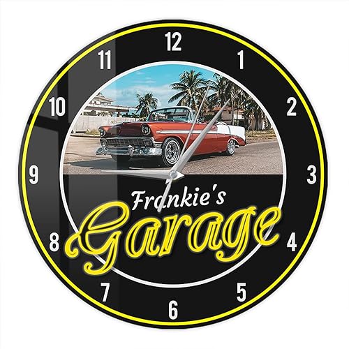 Miniatura 1 de Reloj de pared de garaje de 12 pulgadas con imagen personalizada con nombre, reloj de pared vintage para amantes de los autos, funciona con pilas,