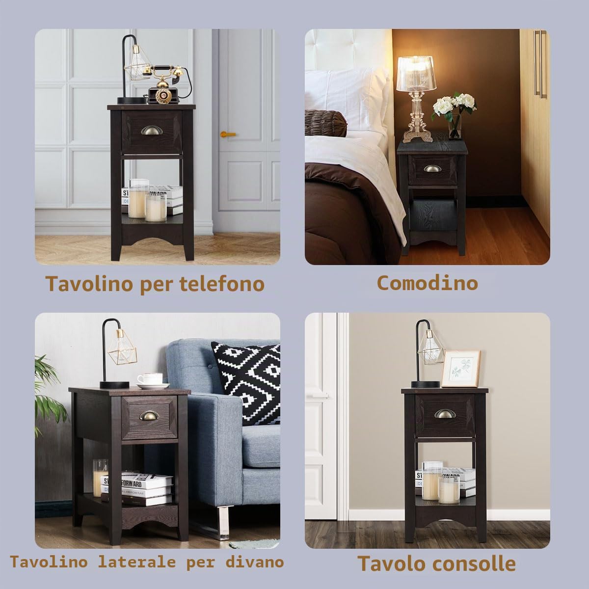 LIFEZEAL Set di 2 Comodini Stretti con 1 Cassetto, Comò a 2 Ripiani, Mobiletto Camera da Letto, Moderno, Tavolino Basso Laterale da Divano, Gambe in Legno Massello, per Soggiorno, 33x56x58,5cm, Noce