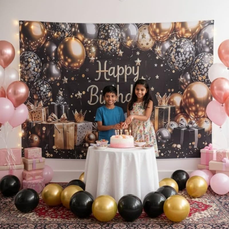 Image of Elegant Gold and Black Happy Birthday Backdrop with Balloons, Stars, and Gift Boxes - Photography Background for Birthday Parties, Weddings, and Special Events