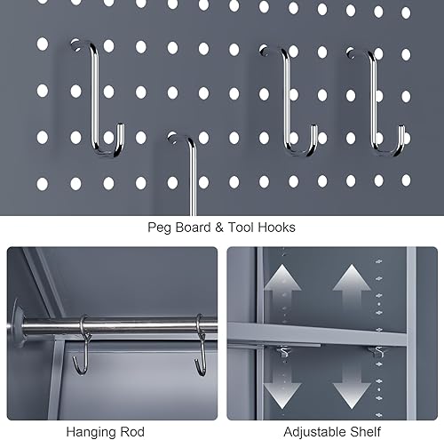 Miniatura 6 de GREATMEET Armario de escoba, armario de escoba con tablero de clavijas y barra para colgar, gabinete de almacenamiento de suministros de limpieza
