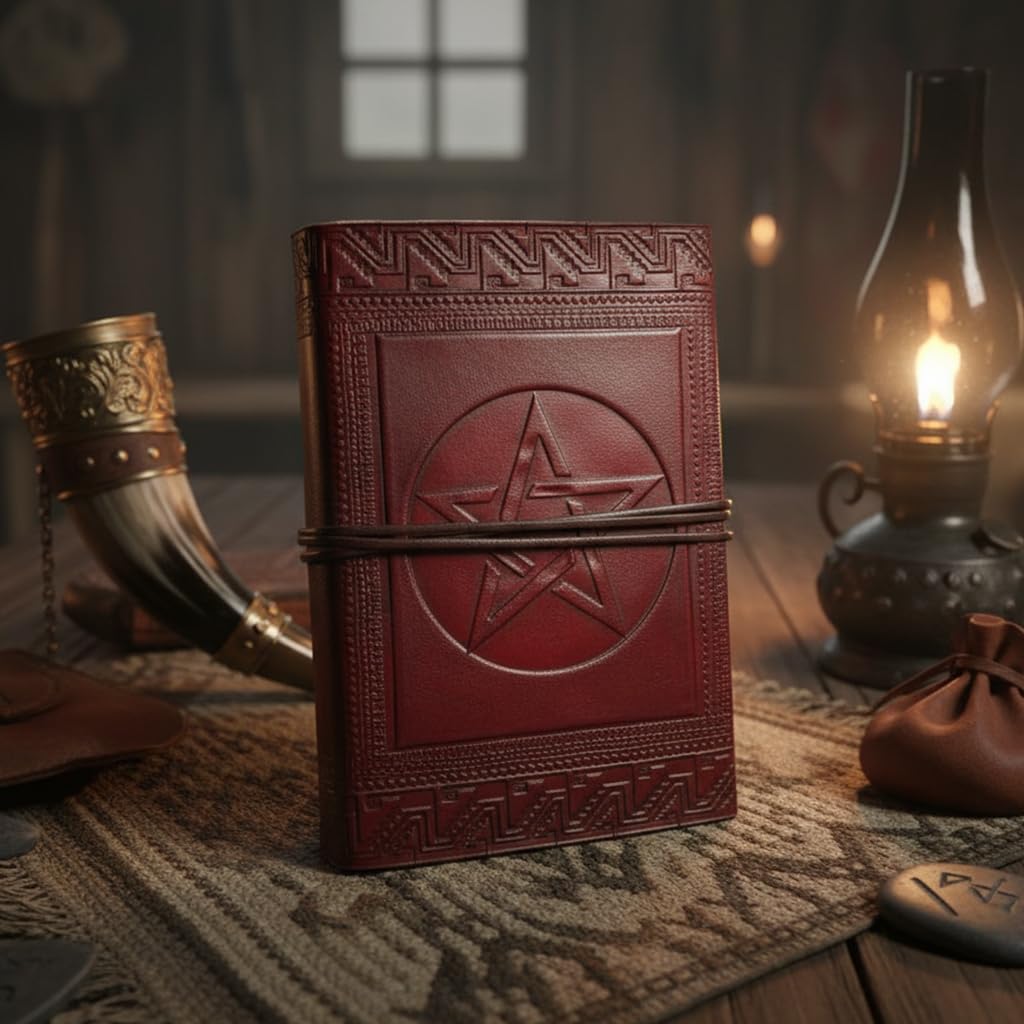 Deepeeka Leather Diary With Pentagram, Planner Organizer for Men and Women, Antique Handmade, Medieval/Viking Style, 240 pages - (210mm x 140mm; 8.5" size)      Hardcover
