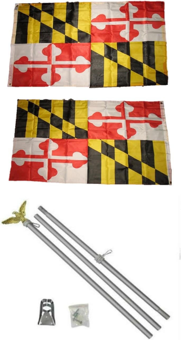 AES State of Maryland 3'x5' Polyester 2 Ply Double Sided Flag with 6' Aluminum Flag Pole Kit with Eagle Topper