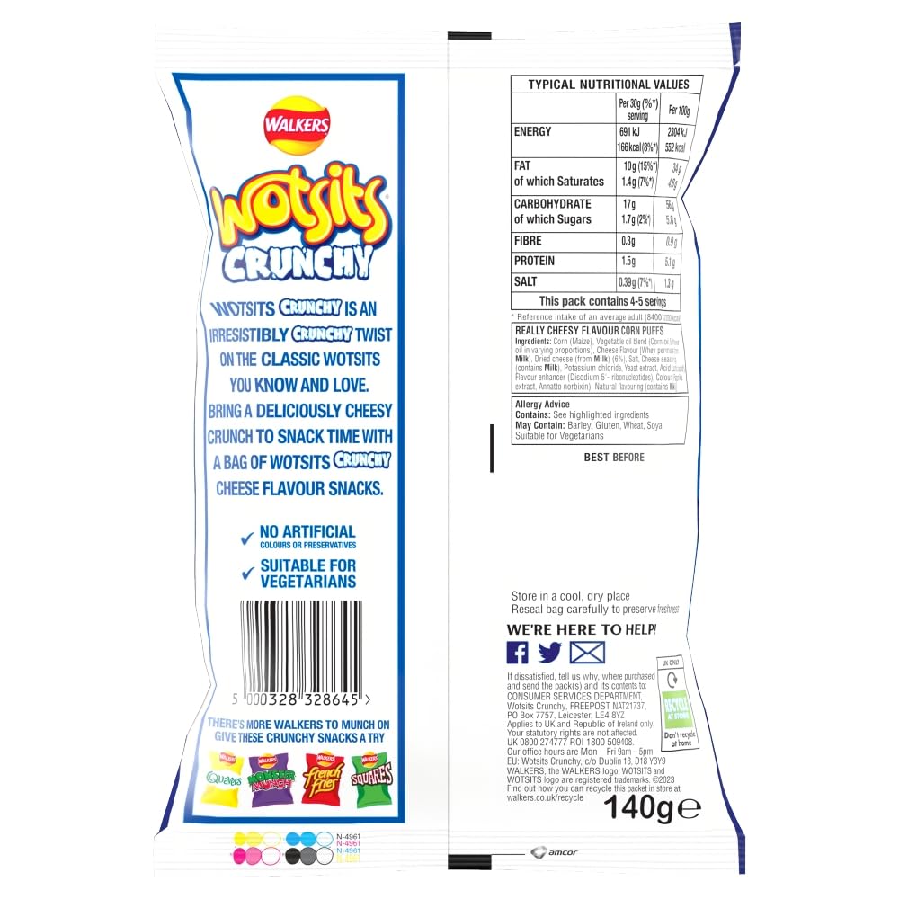 Walkers Wotsits Crunchy Really Cheesy Snacks Crisps 140 g