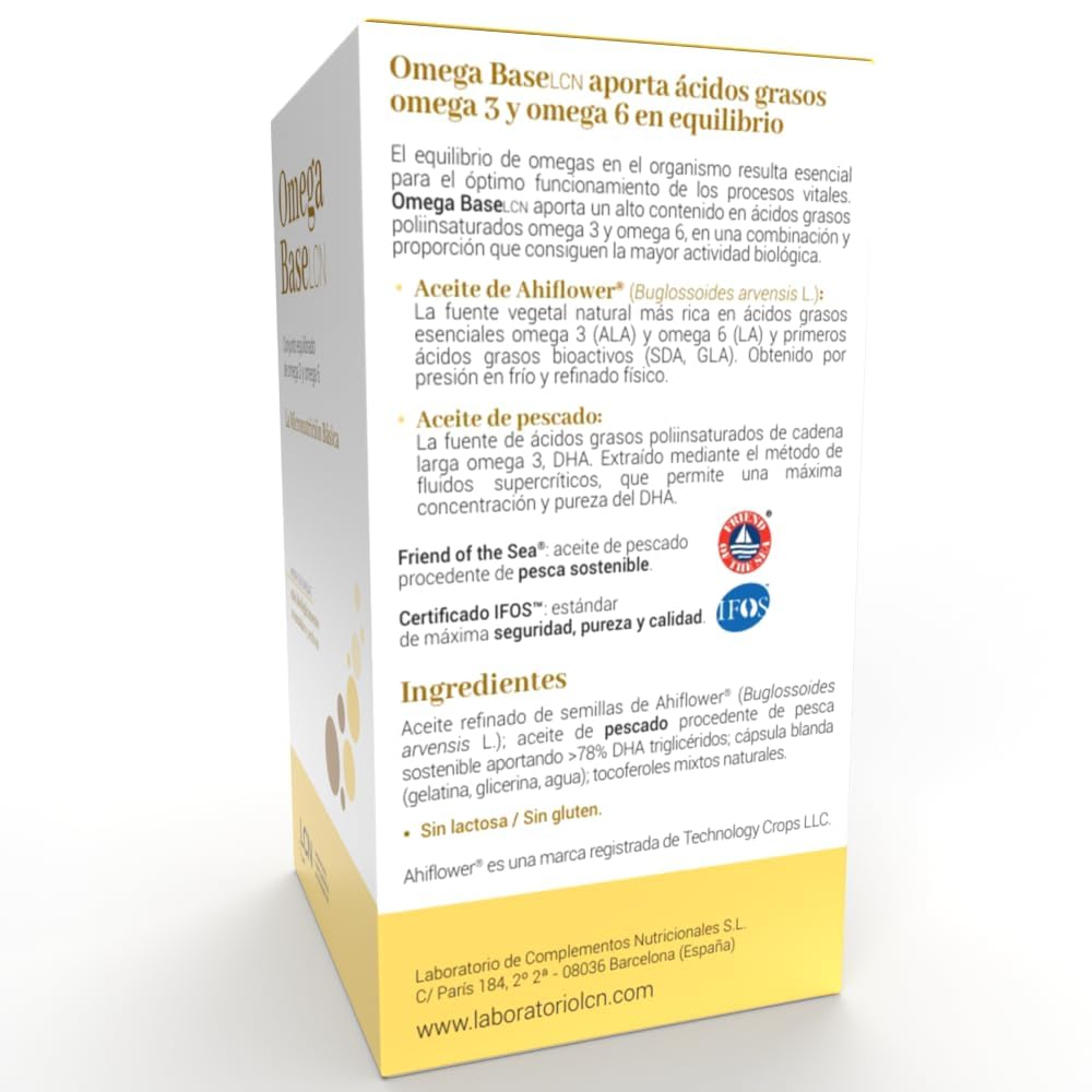 LCN Omega Base LCN Complemento Alimenticio Omega 3 + Omega 6 (DHA, ALA, SDA, LA y GLA), No Contiene EPA, Certificado IFOS, (1 Envase de 120)