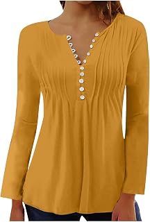 Ladies Tops Long Sleeve Casual T Shirts V Neck Pleated Tunic Tops Button Up Swing Summer Ruffle Tee Shirts Slim Fit Going Out Tops Loose Blouse Elegant Vintage Floral Print Longline Tops
