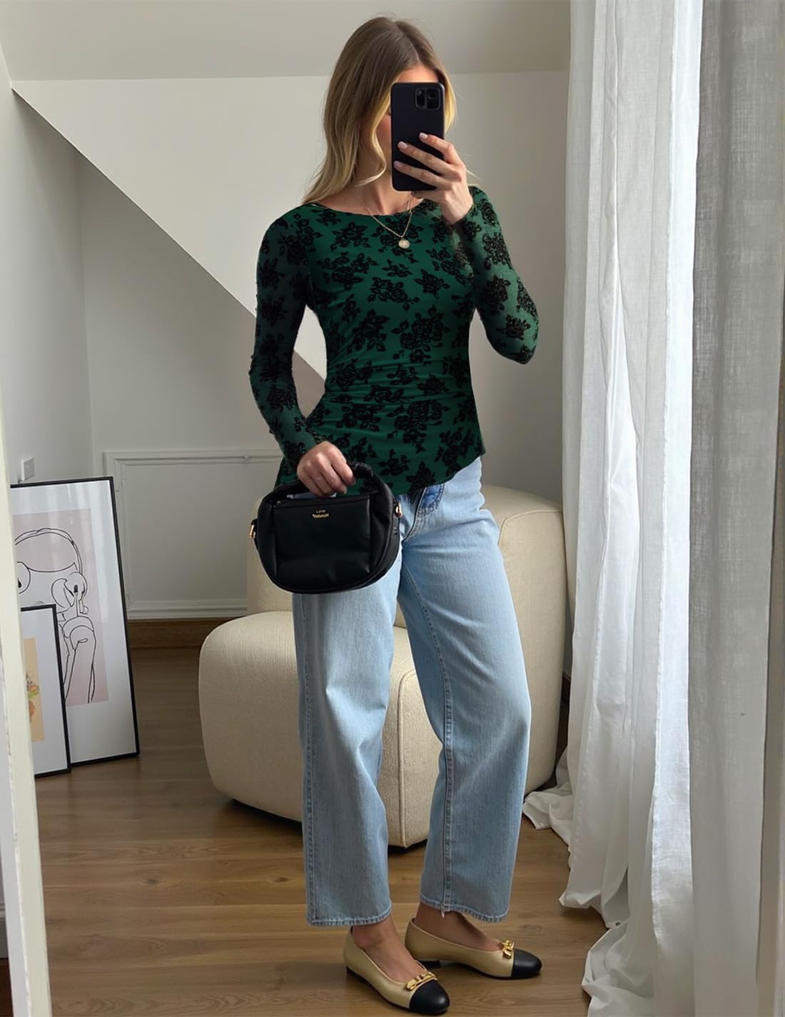 ZESICA Womens Floral Long Sleeve Shirts 2026 Spring Boat Neck Mesh Ruched Tops Fitted Asymmetrical Going Out Blouses - Image 5