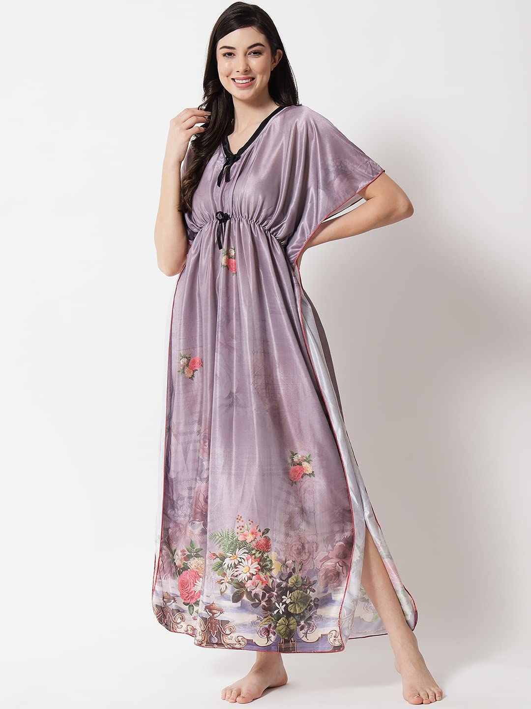 G4Girl Women's Satin Silk Geometric Print Maxi Kaftan Nighty Gown (Free Size, Grey) - Image 7 thumbnail