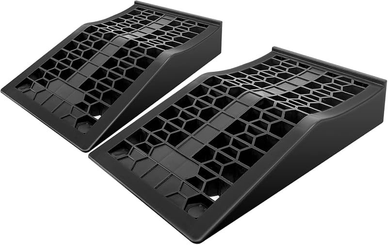 Rampas de auto para soporte de gato y mantenimiento de vehículos de elevación, rampas de auto ligeras de perfil bajo para garaje, rampas de neumáticos resistentes para autos de chasis bajo, 17.5 x 10 x 3.14 pulgadas (2 unidades)