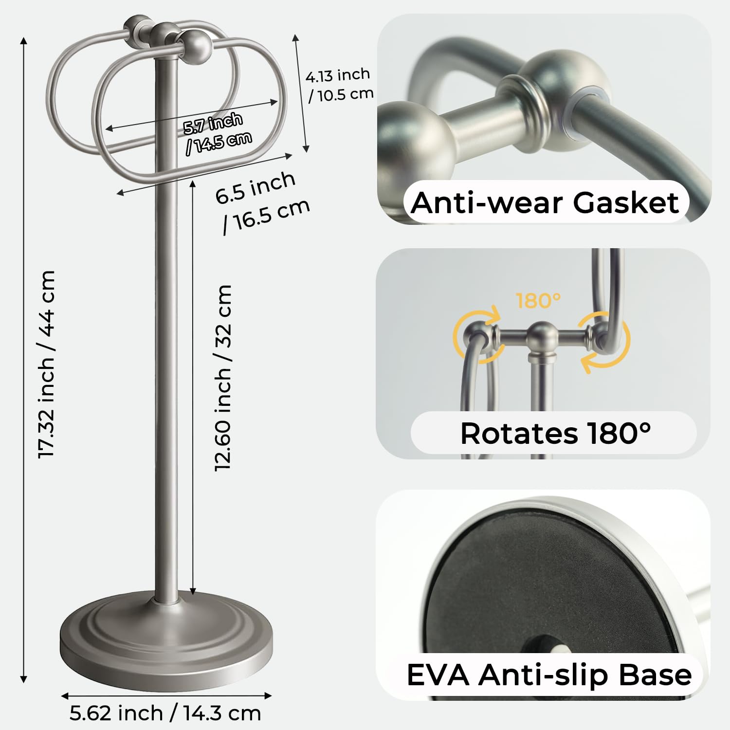 Toallero de mano de acero inoxidable de 44 cm, doble soporte, para paños o paños de cocina, base antideslizante, toallero de pie para baño, cocina (cepillado)