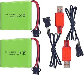 PUOO 2PCS 7.4V 1000mAh Lithium Battery with SM-4P 4 pin Plug USB Charging Cable for DE36W DE65 NO.1809 RC Car 1:16 Off-Road Vehicle Four-Wheel Drive High-Speed Climbing Drift Racing Spare Battery