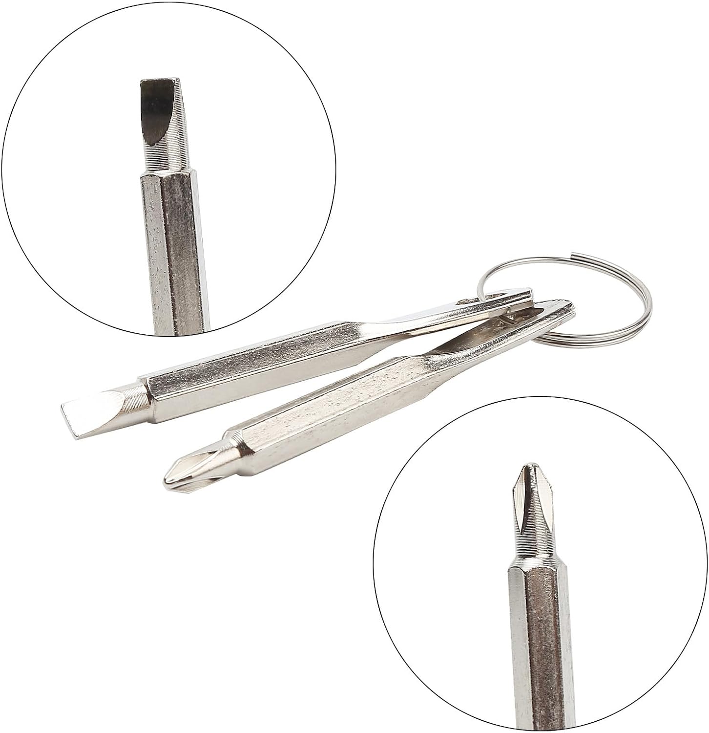 2 Set (4pcs) Portable Multifunction Key Chain Screwdriver Mini Key Shape Travel Kits Outdoor Screwdriver Tool with Key Ring Gifts for Men (Black and Silver)