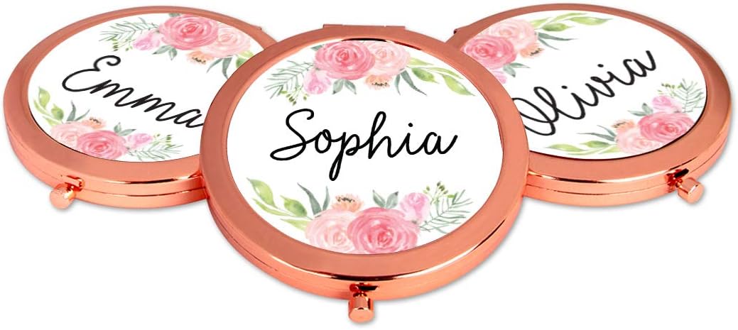 Andaz Press Personalized Compact Mirror Bridesmaid Wedding Gift, Rose Gold, Peach and Pink Roses, 1-Pack, Bachelorette Bridal Shower Wedding Party Gifts, Custom Name