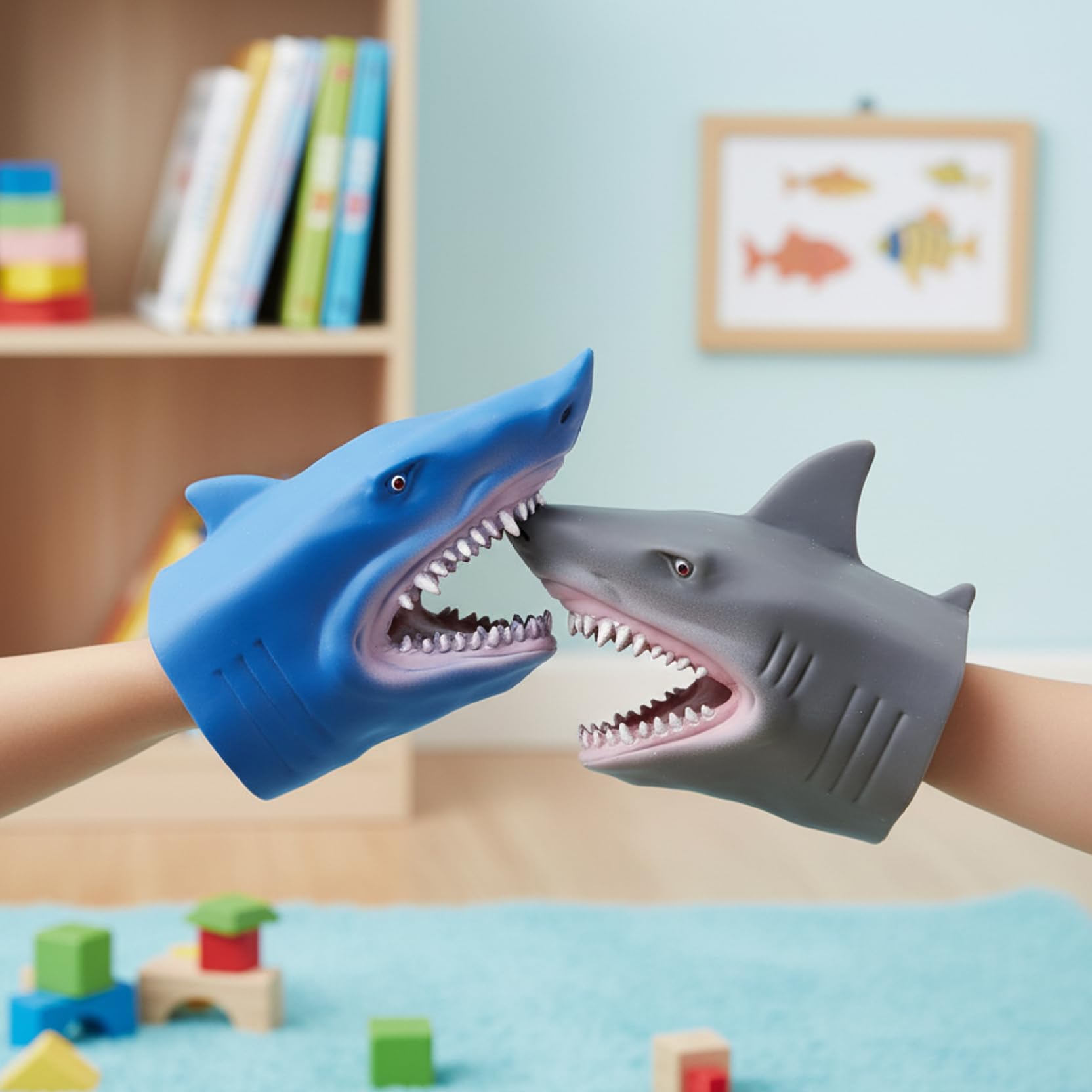 Marionetta a mano con squalo, confezione da 2 burattini realistici a forma di squalo in gomma morbida per giochi di ruolo per bambini, giocattoli interattivi con burattini mano per narrazione di st