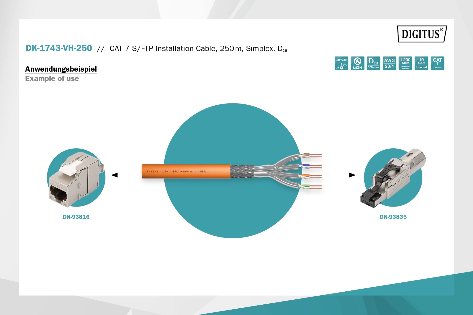 Digitus - Bulkkabel - 250 m - 5 mm - SFTP, PiMF -Cat.7 Rohkabel - IEEE 802.3an/IEEE 802.5 - halogenfrei, Riser, robust, campus - orange, RAL 2000 (DK-1743-VH-250)