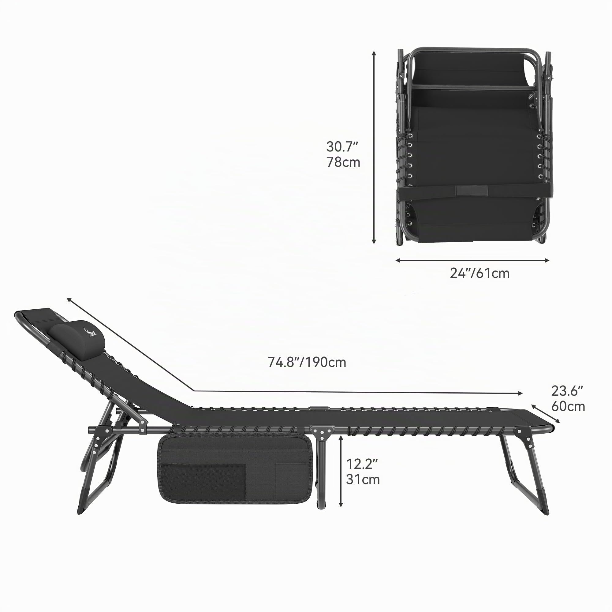YITAHOME Bains de Soleil 190x60x31 cm Chaise Longue Réglable en 4 Positions, Transat Jardin Exterieur avec Appui-tête et Poche Latérale Capacité de Charge 300lbs pour Jardin, Piscine, Camping, Noir