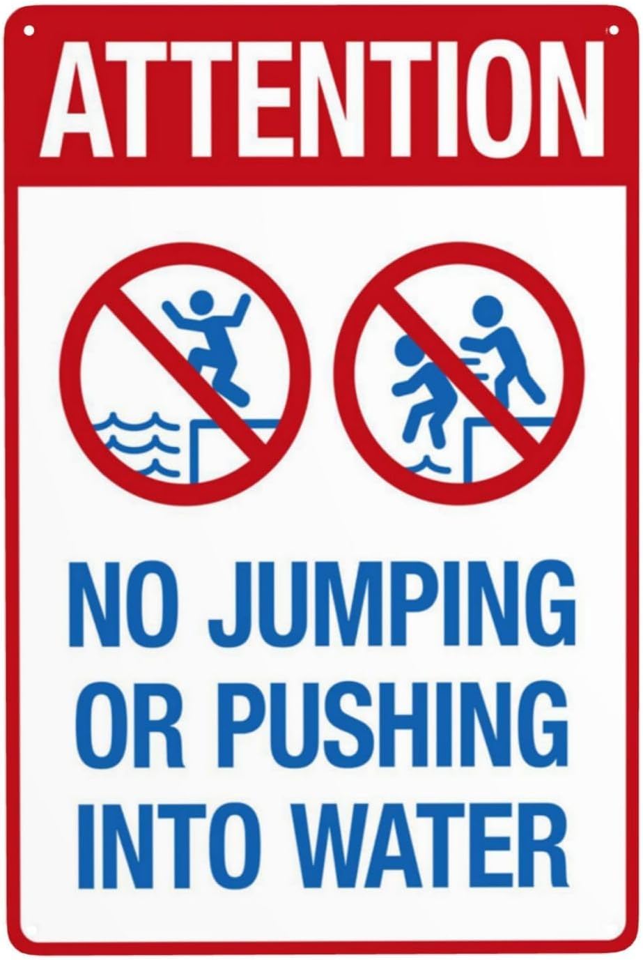 No Jumping Or Pushing Into Water Rust Free Aluminum Sign - Retro Pool Rules Decor with Pre-Drilled Holes for Home/Business Pool - 16x12 Inch​