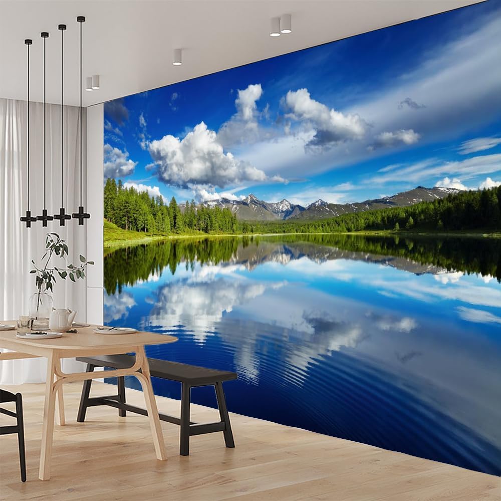 Sky Reflection Wall Mural Peel and Stick Self-Adhesive, Dense Forest Large Removable Wallpaper Mural Wall Decor for Bedroom, Living Room Kids Room 135''Wx101''H