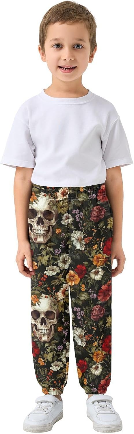 Boy Sweatpants Colored Flowers Skull Joggers Casual Athletic Pants Kids Elastic Waist Cuffed with Pockets