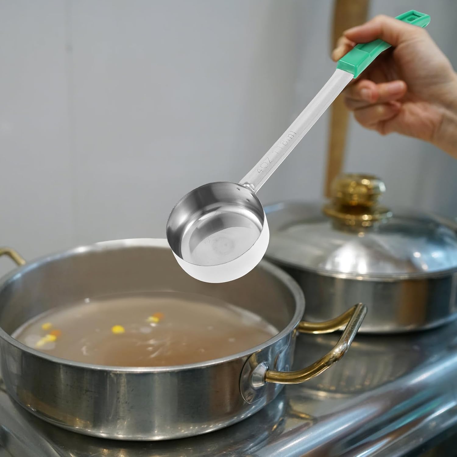 Serving Ladle Sturdy Portion Control Long Spoon with Stainless Steel | Sauce Ladle, Lightweight Plastic Handle, Easy to Clean, Green Finish, Housewarming Gift, Portable Kitchen Tool