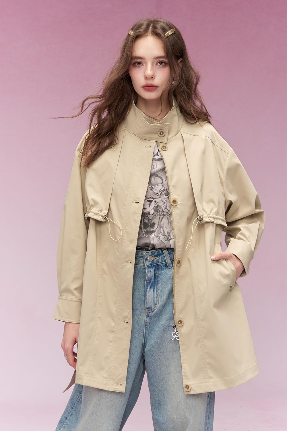 Women's Trench Coat Beige Long Sleeve Casual Outerwear with Drawstring Waist, Lightweight Coat for Spring
