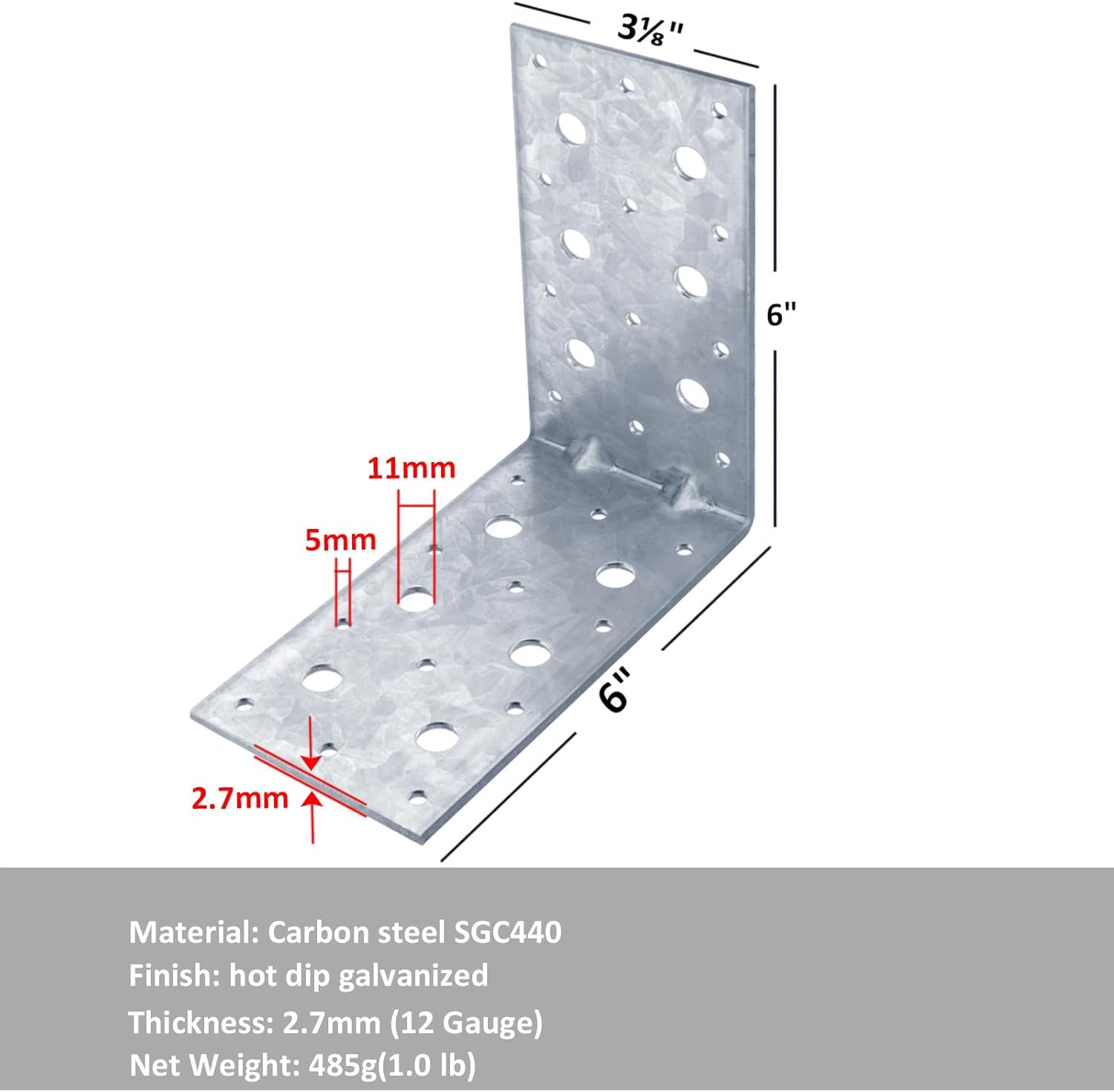 4 Pcs 6" x 6" x 3-1/8" Galvanized L Bracket, Heavy Duty Angle Bracket Corner Brace for Wood, 12 Gauge