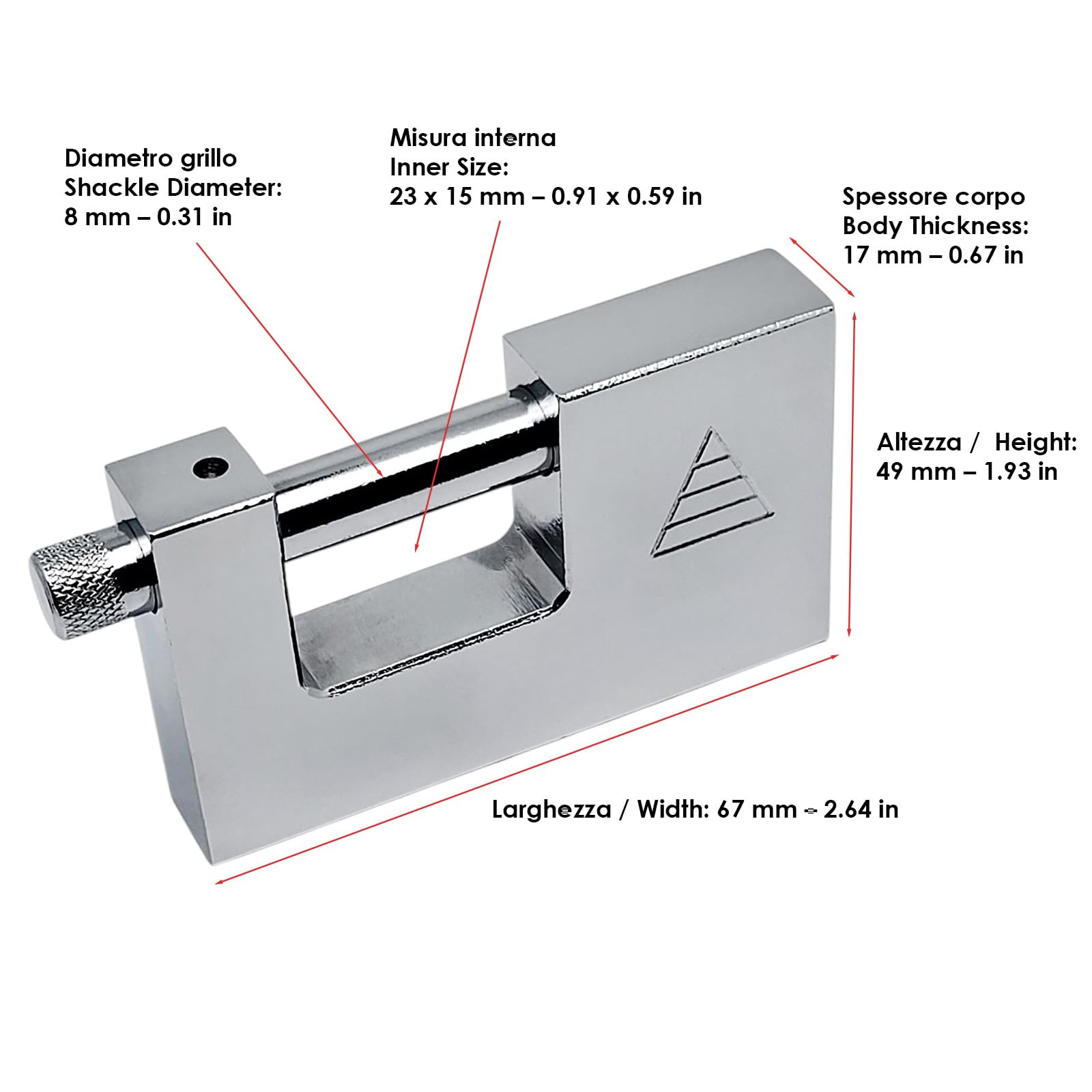 FAST WORLD SHOPPING - Lucchetto Corazzato Antiscasso 67 mm in Acciaio con 3 Chiavi – Lucchetto Alta Sicurezza per Moto, Cancello, Serranda e Garage – Catenaccio Blindato con Grillo 8 mm