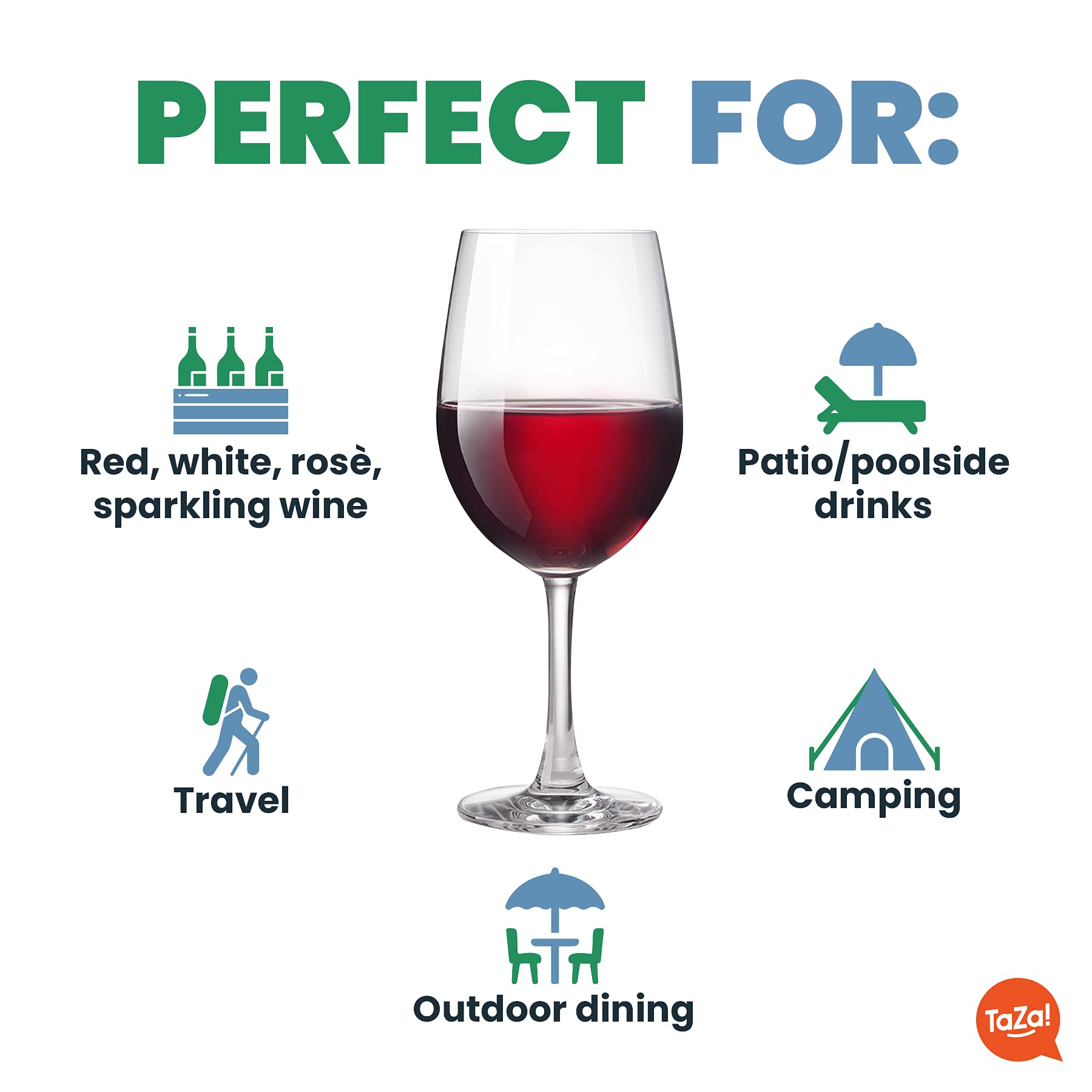 TaZa Copas de vino de plástico para exteriores con tallo (20 onzas) | Copas de vino irrompibles Tritan irrompibles para piscina, playa, viajes, camping o picnic | Juego de 4