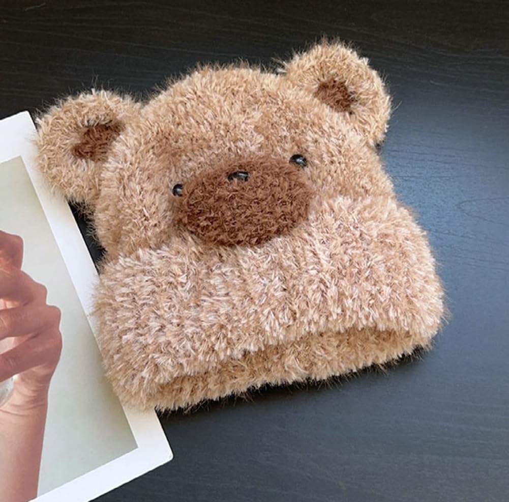 Cute Fuzzy Bear Ears Beanie Hats for Women Y2K Slouchy Plush Knitted Beanie Fur Furry Winter Hat Cozy Warm Crochet Skull Cap - Image 3
